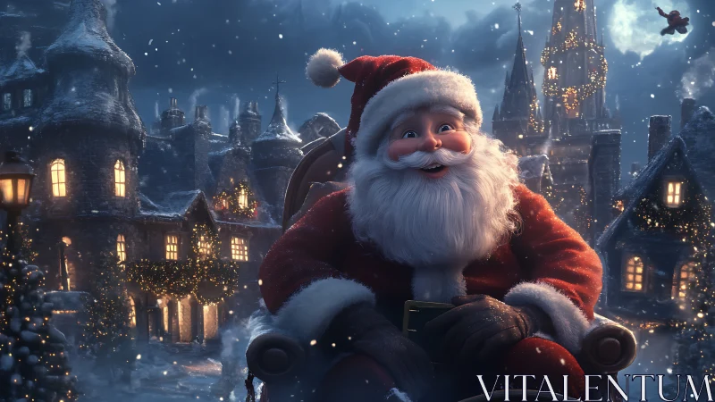Santa in warmly lit sleigh amid snow-laden, high-detail village
