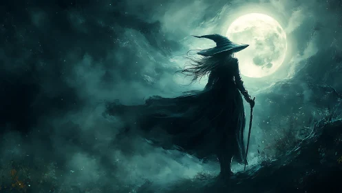 Silhouetted robed figure with staff before full moon.