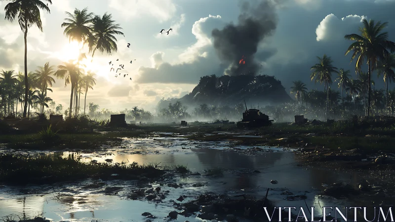 War-Torn Tropical Wetland with Military Conflict