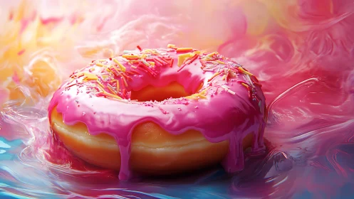 Glazed donut rests in dreamy pink and blue candy haze
