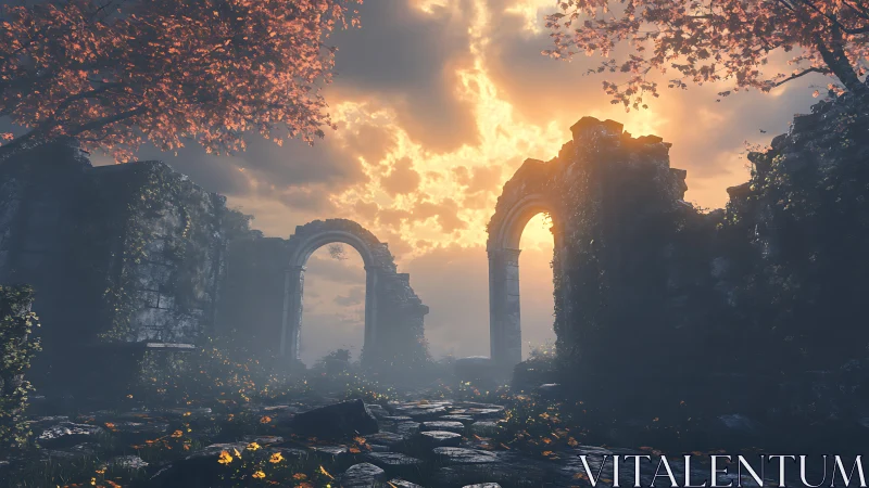 Volumetric sunset over ivy-clad stone arches in misty ruins
