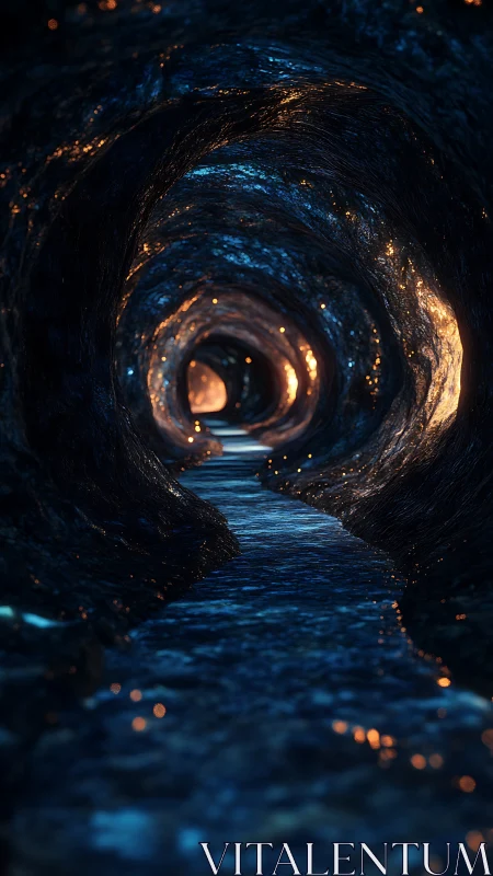 Glowing tunnel corridor shows reflective wet rock and water