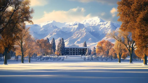 Snowy campus lawn frames distant neoclassical hall