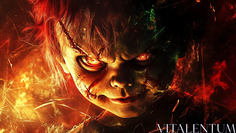 Sinister scarred doll face lit by intense fiery glow.
