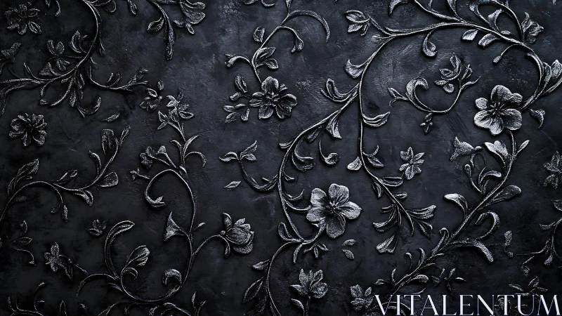 Embossed Floral Relief on Dark Textured Surface. Relief Art.