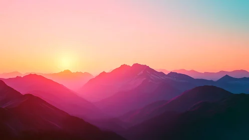 Soft pastel sunrise gently melts over tranquil mountain peaks