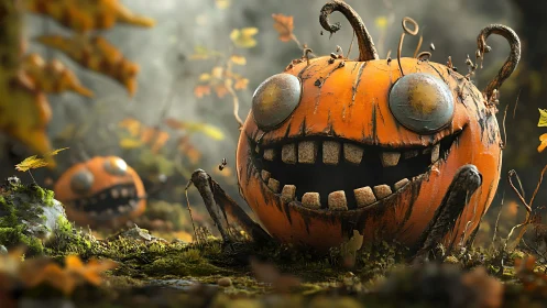 Pumpkin gremlins grin wide while autumn moss quietly plots