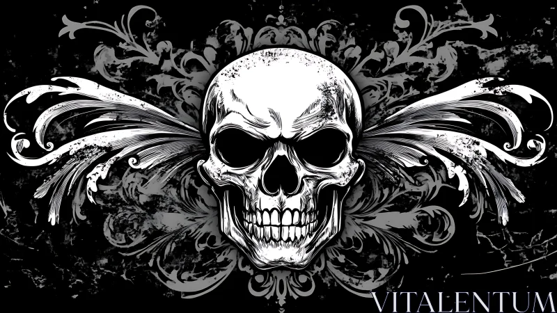 Grim skull illustration with ornate swirling flourishes.