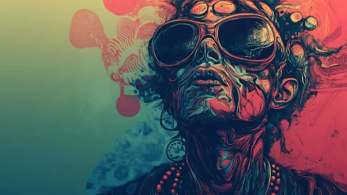 Radiant dreamer in neon sunglasses soaking in swirling light.