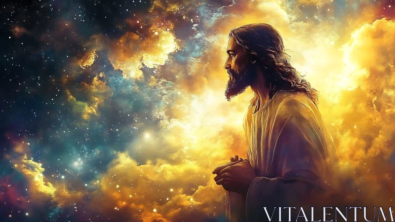 Bearded robed figure in glowing clouds against star field.