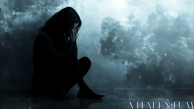 Low-key silhouette of seated woman against textured blue wall