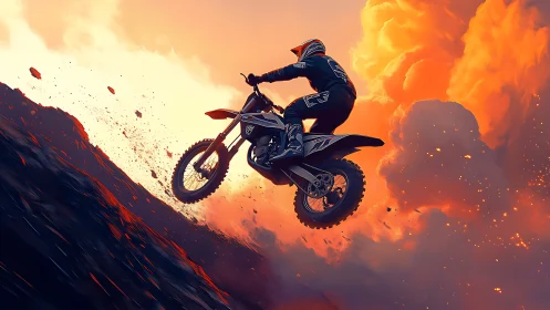 Motocross rider airborne against eruptive orange dust clouds