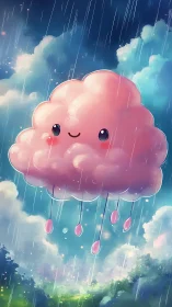 Pink raincloud daydream sprinkling joy over misty hills.