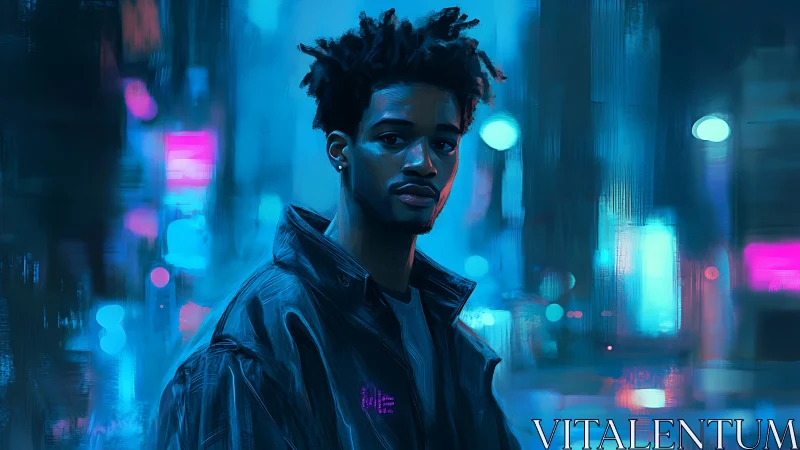 Calm city wanderer glowing in neon blue night lights.