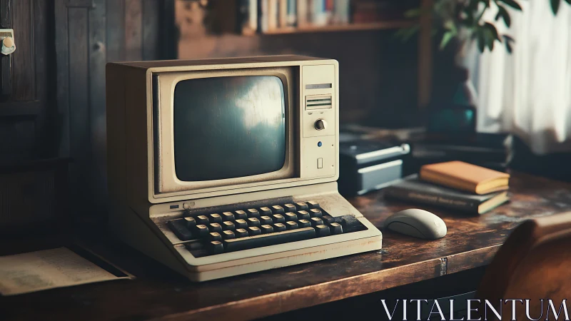 Vintage beige desktop computer on wooden work desk.