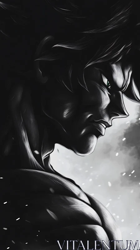 Monochrome profile of muscular anime warrior in shadow.