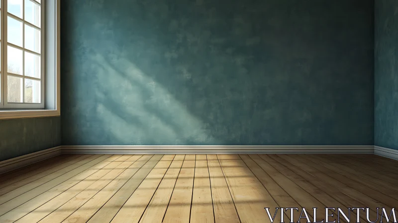 Sunlit wooden floor warms a calm teal empty room interior.