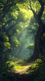 Sunlit Forest Path Through Ancient Trees.