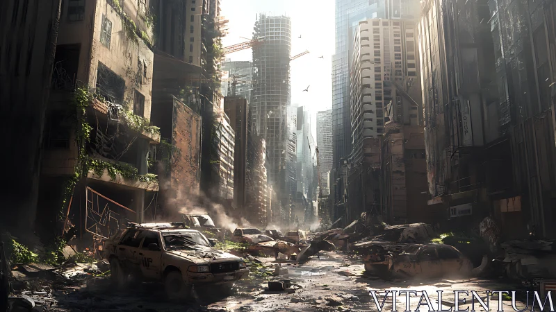 Post apocalyptic city street with ruined towers and dust.