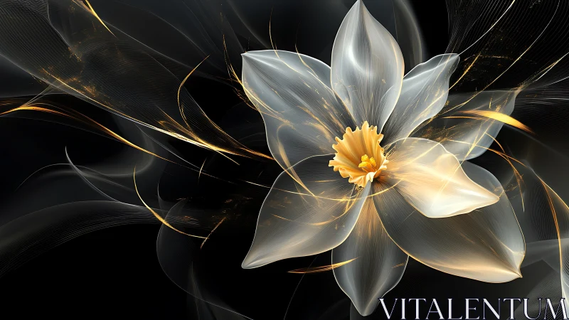 Luminescent digital flower unfurling in dark space.