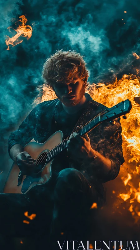 Guitarist plays through swirling fire and smoke on dark stage