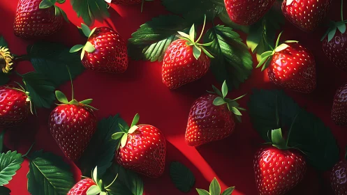 High-gloss strawberries under hard directional lighting on red field