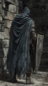 Cloaked medieval sentinel with corroded shield in stone corridor.