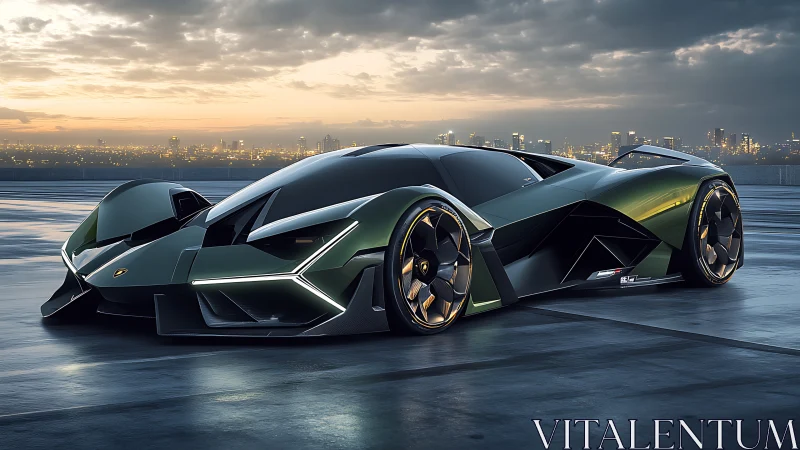 Futuristic low-profile supercar on wet rooftop at dusk.