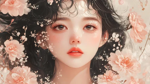 Blossom-kissed gaze floats in a soft storm of petals and light