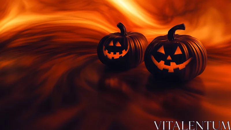 Pumpkin pals glowing in a swirling Halloween twilight.