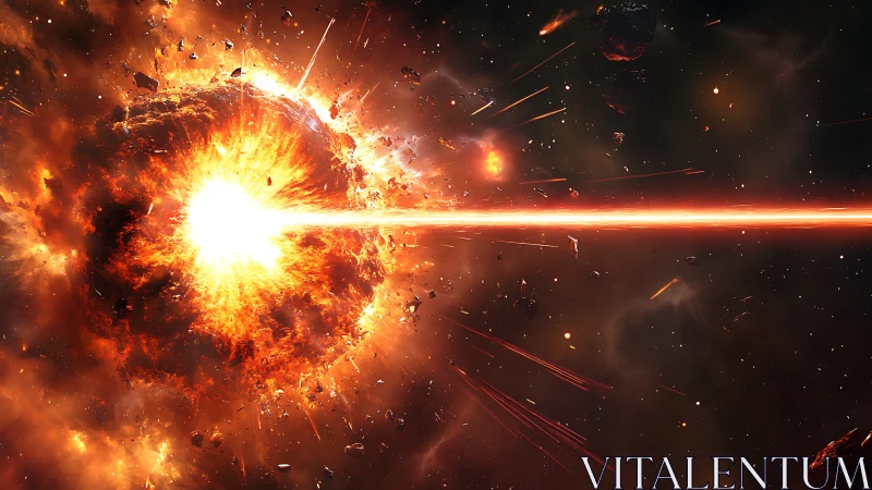 Stellar detonation pierced by focused energy beam in space.