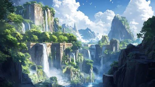 Verdant cliffside cascades with ancient stone terraces bathed.