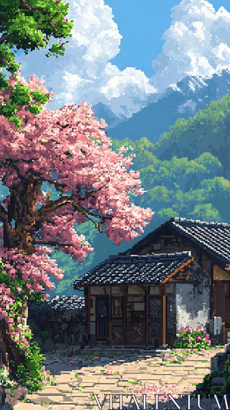 Pixel-rendered mountain house under cherry blossoms with tiled roof