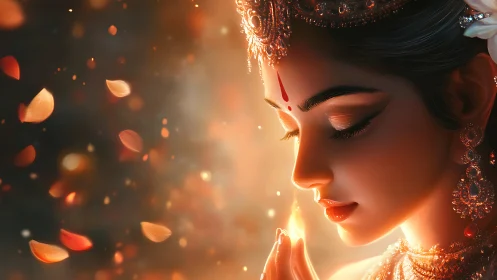 Divine woman in warm candlelight contemplates swirling petals.