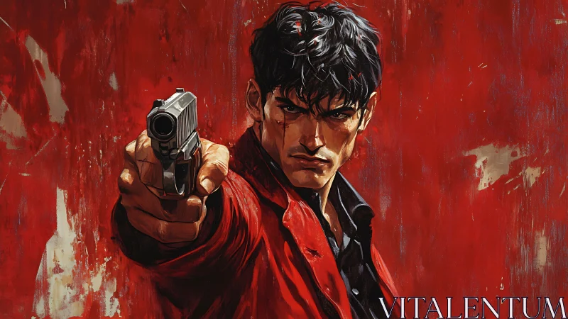 Determined man in red coat aiming handgun forward.