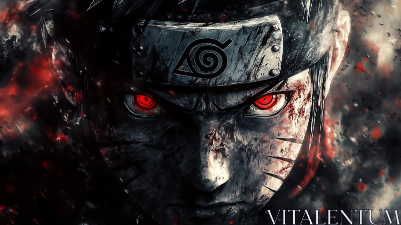 Fierce shinobi portrait with glowing red eyes and ash