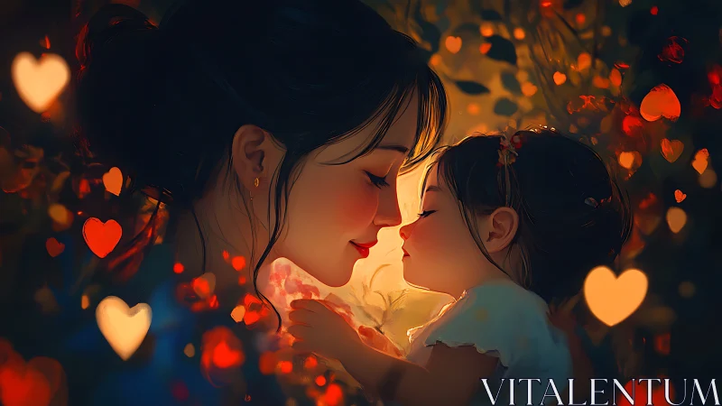 Mother and Child Embrace in Golden Bokeh Light.