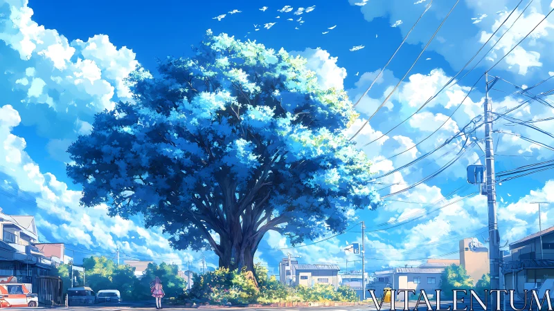 Giant blue tree dominates quiet suburban summer street.