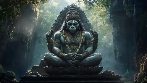 Mythic simian deity statue meditates in luminous jungle shrine