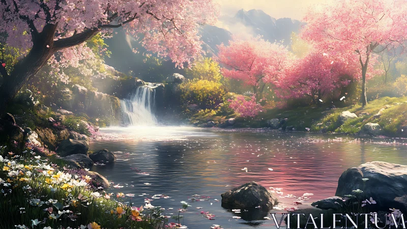 Digital painting of spring river, blossom canopy and cascade light.