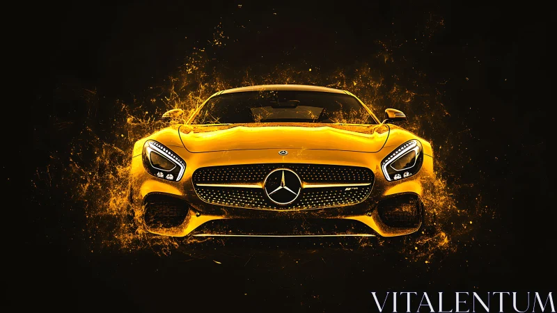 Yellow sports coupe front view with particle light effect.
