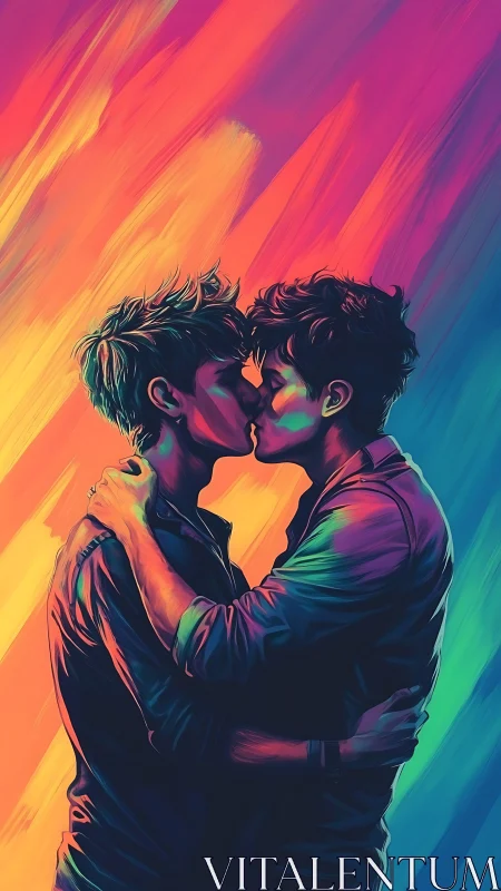Two Male Figures Embracing in Vibrant Neon Color Gradient Composition