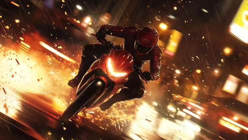 Motorcyclist leaning through neon-lit rain and sparking asphalt.
