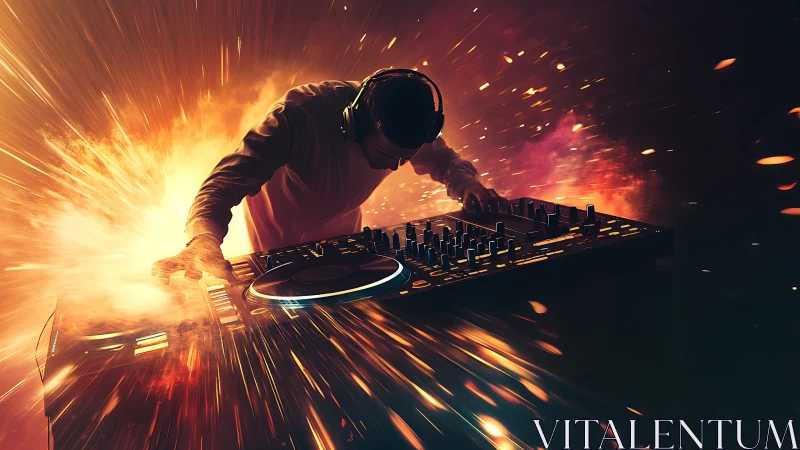 Dynamic DJ performance amid explosive neon light streaks.