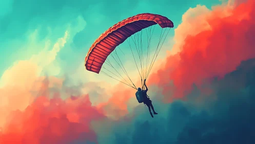 Sunset parachute drift through cotton candy skies.
