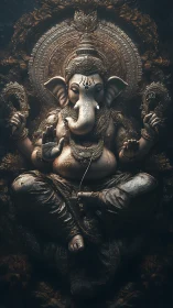 Ganesha idol glows in ornate bronze-lit spiritual stillness.