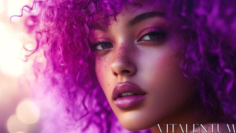 Close portrait of young woman with vivid purple curls.