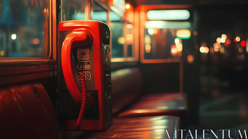 Lonely red payphone hums softly in a neon-tinted night