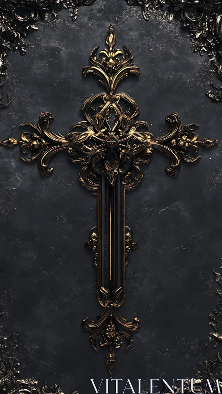 Ornate golden cross glowing gently on dark stone wall.