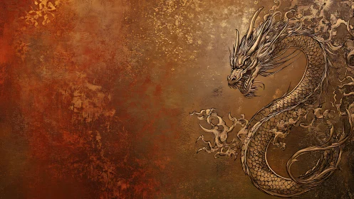 Golden Eastern dragon coils through textured ember sky.